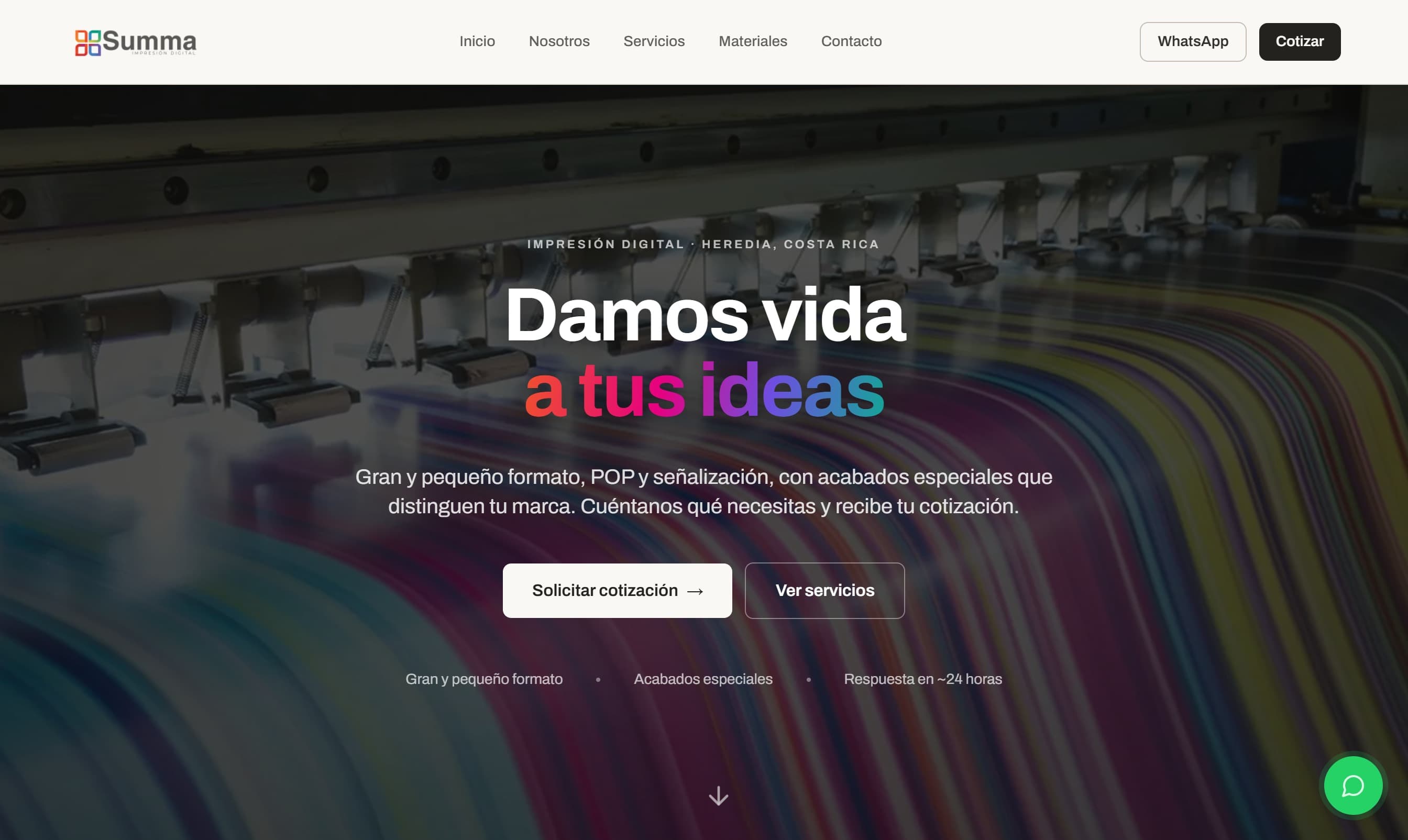 Página de inicio de Summa, impresión digital en Heredia, con el mensaje “Damos vida a tus ideas”