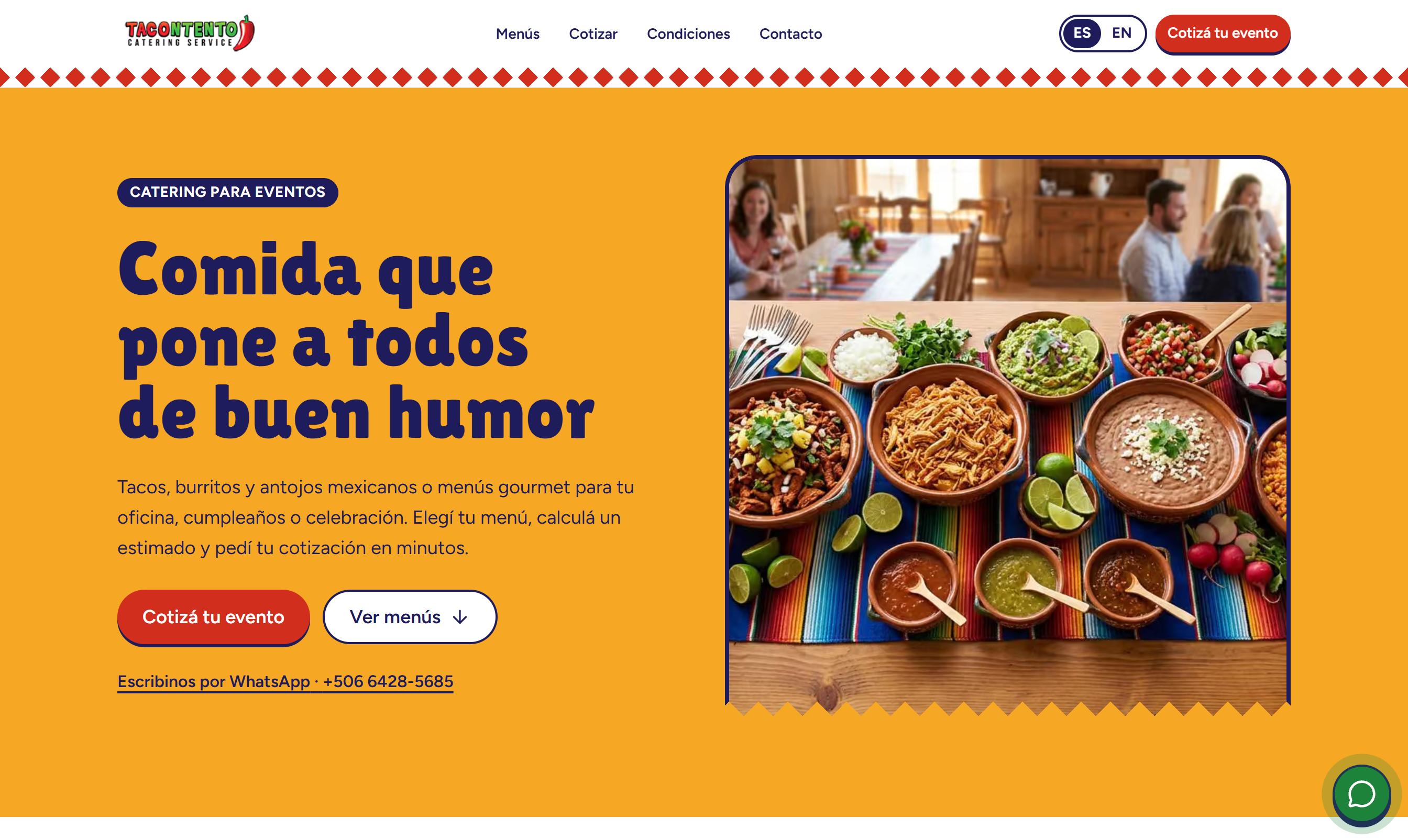 Página de inicio de Tacontento Catering con un buffet de comida mexicana para eventos